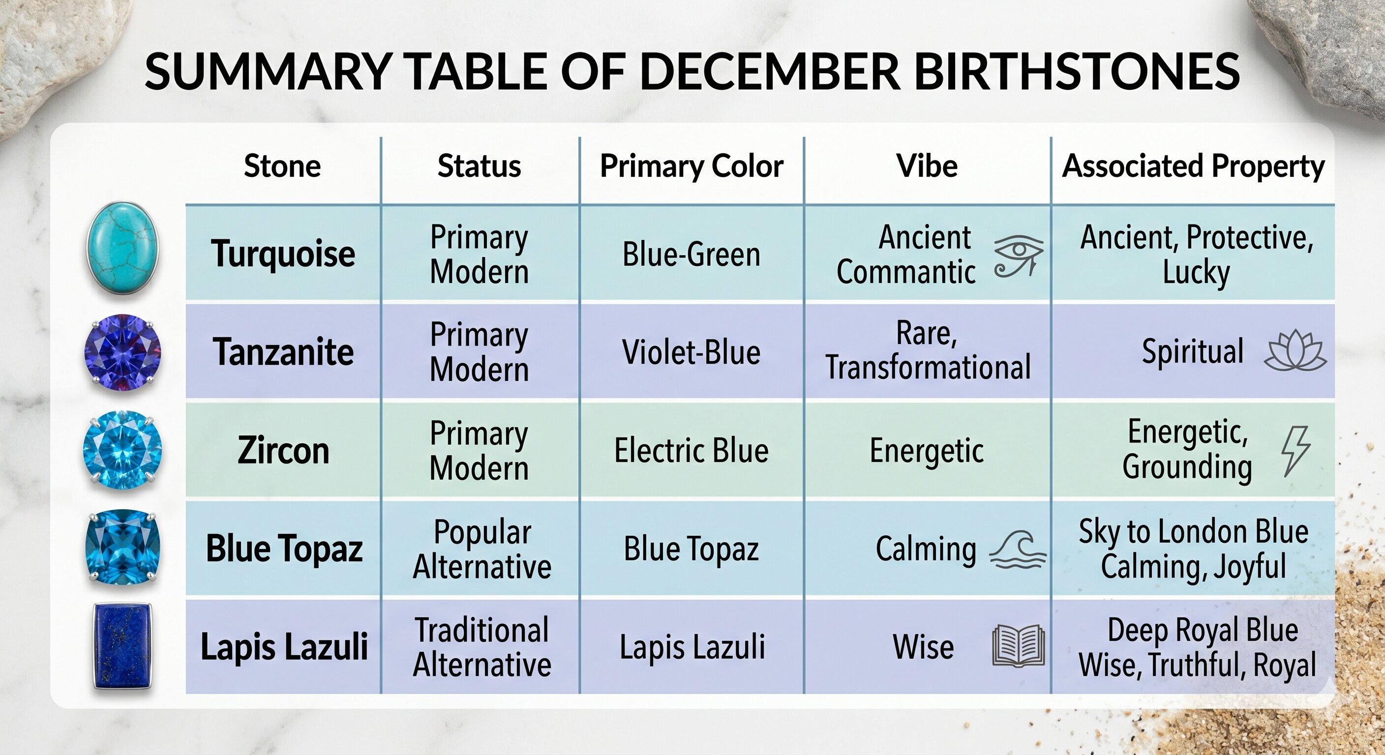 Summary table of december birthstones